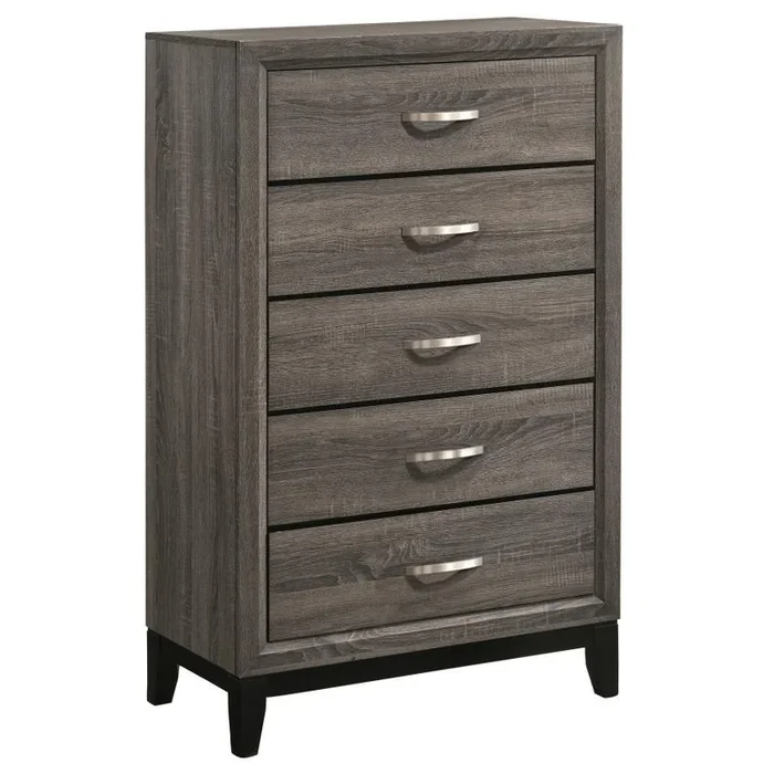 Watson 5-Drawer Bedroom Chest in Gray Oak – Mid-Century Modern Storage with Tapered Legs, Metallic Half-Moon Pulls, and Stylish Wooden Drawers