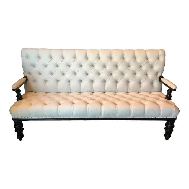 White Linen Tufted Button Back Chesterfield Couch