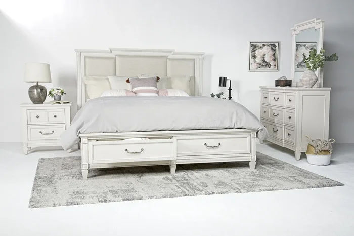 Willowbrook Upholstered Panel Bed w/ Storage, Dresser, Mirror & Nightstand in Egg Shell White, CA King