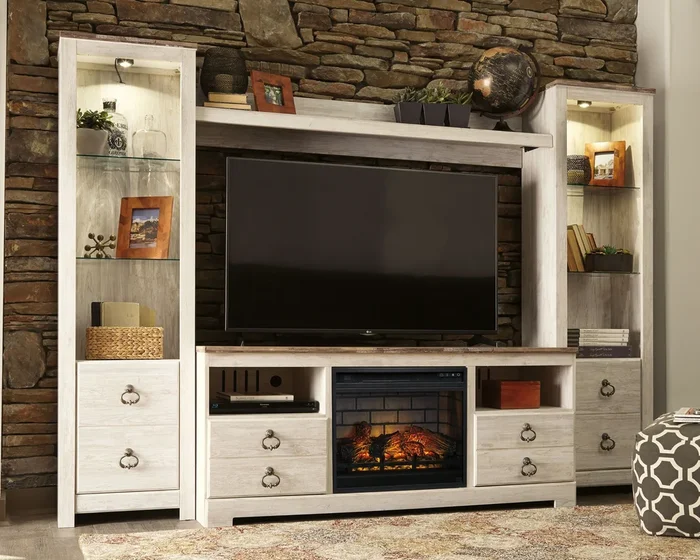Willowton – Entertainment Center – TV Stand With Faux Firebrick Fireplace Insert – Whitewash
